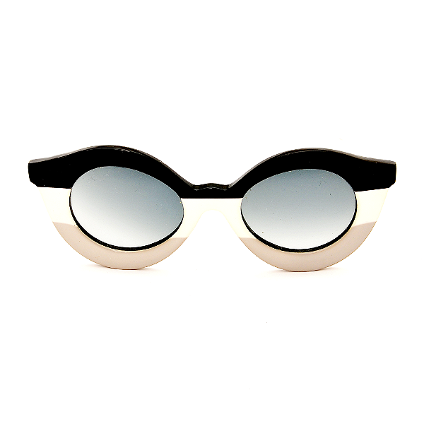 Óculos de Sol Gustavo Eyewear G10 3 em preto, branco e cinza. Hastes pretas e lentes cinza degrade.