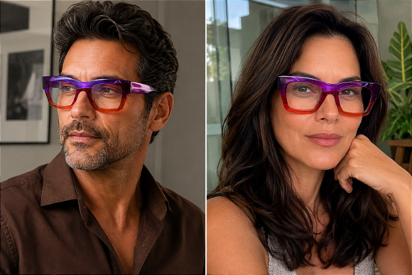 G64 — Violeta e vermelho | Acetato italiano Mazzucchelli, retangular overside, fabricado à mão no Brasil. Novidades. Unisex
