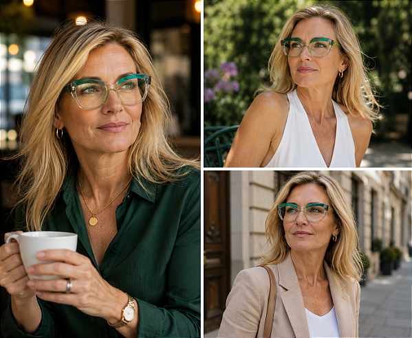 G111 — Tons de verde | Acetato italiano Mazzucchelli, cat-eye expressivo e geométrico, fabricado à mão no Brasil. Novidades