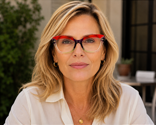 G111 — Fumê, preto e vermelho | Acetato italiano Mazzucchelli, cat-eye expressivo e geométrico, fabricado à mão no Brasil. Novidades