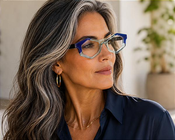 G153 — Tons de azul | Acetato italiano Mazzucchelli, hexágonos, fabricado à mão no Brasil. Novidades