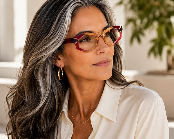 G153 — Âmbar, vermelho e violeta | Acetato italiano Mazzucchelli, hexágonos, fabricado à mão no Brasil. Novidades