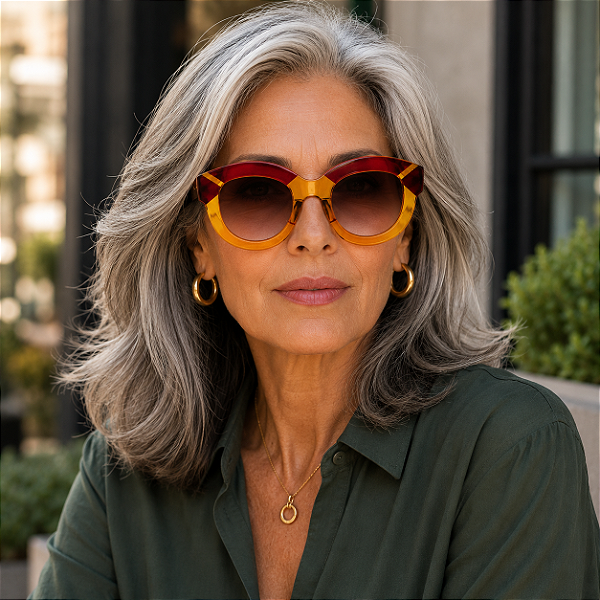 G12 — Amarelo, marrom e vermelho | Acetato italiano Mazzucchelli, cat-eye maxi oversized, fabricado à mão no Brasil. Novidades