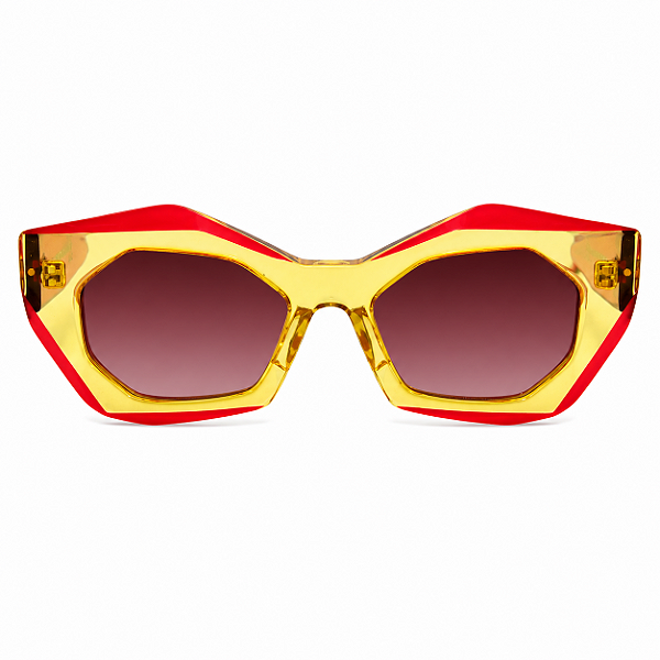 G92 — Vermelho e amarelo | Acetato italiano Mazzucchelli, cat-eye geométrico, fabricado à mão no Brasil. Novidades