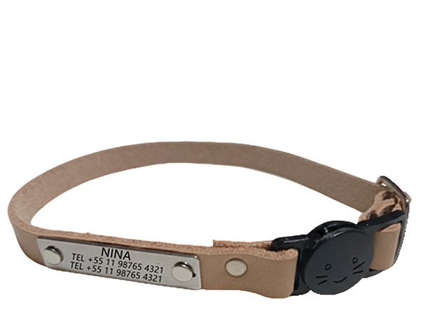 LabCollar Natural Cat / Coleira Premium em Couro Legítimo com Plaquinha de Identificação para Gatos