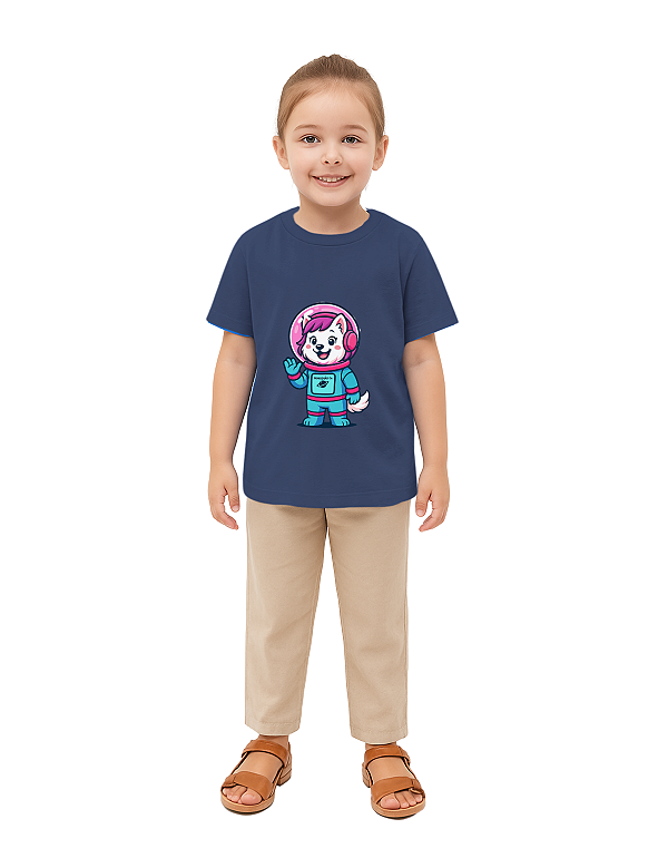 CAMISETA T-SHIRT INFÂNTIL ASTRONAUTA LUNA- TAMANHO 06- 100% ALGODÃO 30.1- AZUL ESCURO