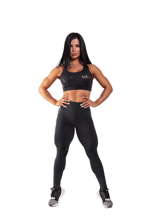 Legging fitness feminina preta elástico colorido na cintura action