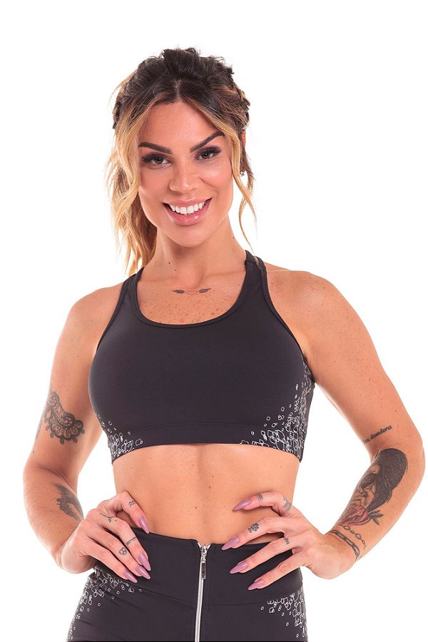 Top Esportivo Feminino Preto com Detalhes em Prata