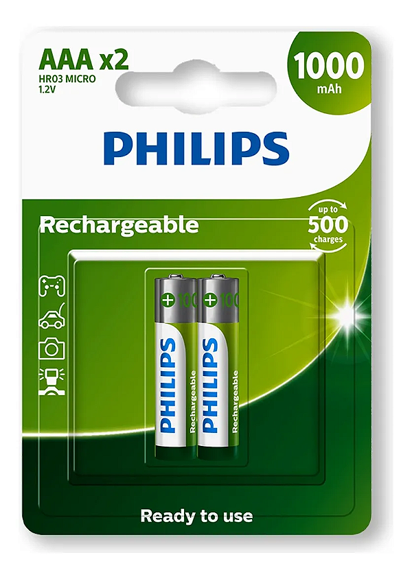 Pilha Recarregável AAA Philips 1000mah HR03 Micro 1.2v com 2 Unidades