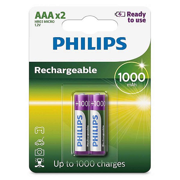 Pilha Recarregável AAA Philips 1000mah HR03 Micro 1.2v com 2 Unidades