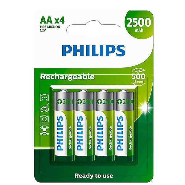 Pilha Recarregável AA Philips 2500mah R6B4RTU25/59 1.2v com 4 Unidades