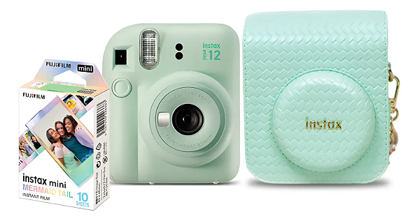 Kit Câmera Instantânea Fujifilm Instax Mini 12 Verde Mermaid com Bolsa e Filme 10 Fotos