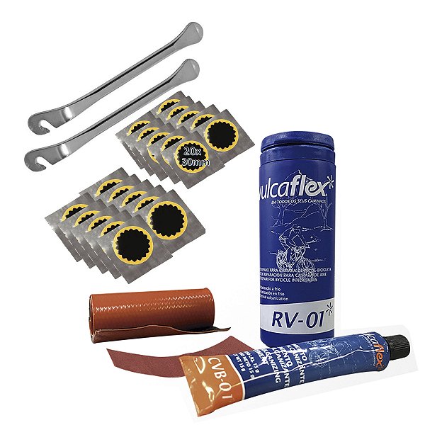Kit Reparo Câmara Ar Bike + 20 Remendos + 2 Espátulas Aço