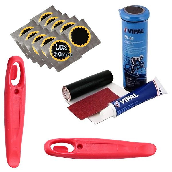 Kit Remendo Câmara Ar Bike + 10 Reparo 2 Espátulas Vermelha