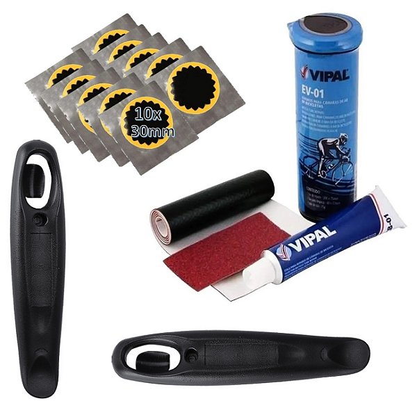 Kit Remendo Câmara Ar Bike + 10 Reparo 2 Espátulas Preta