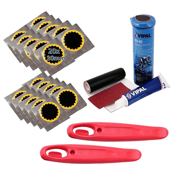 Kit Remendo Câmara Ar Bike + 20 Reparo 2 Espátulas Vermelha