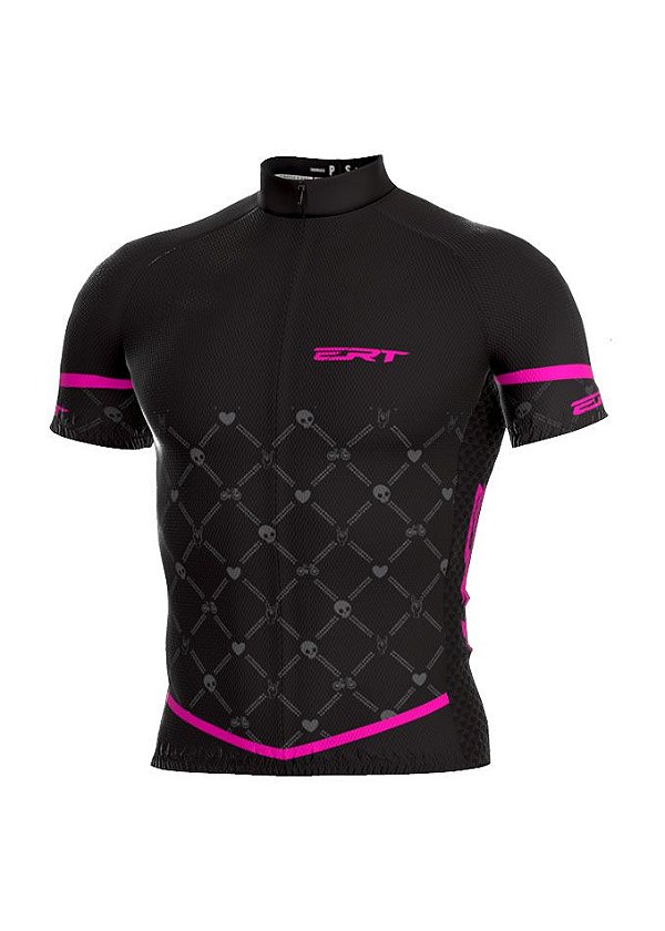 Camisa Ciclismo Ert Classic Manga Curta Preta e Rosa Bike