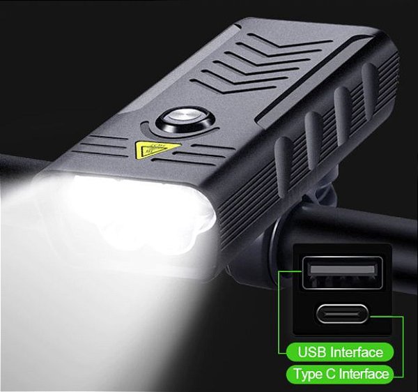 Farol Bike 5 Led T6 Alumínio Power Bank 10.000mah Usb C