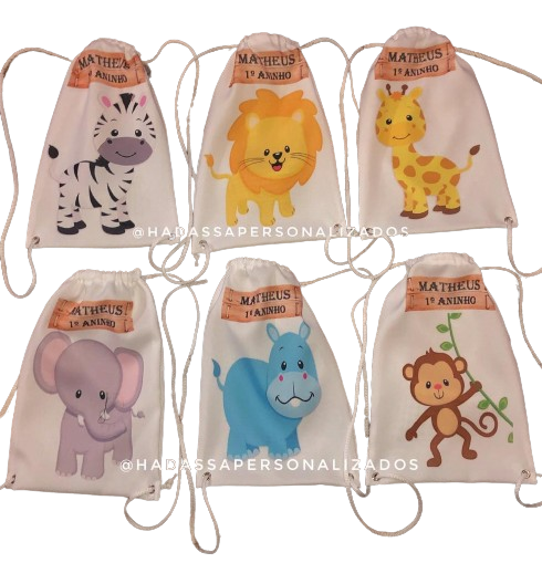 Mochilinha em tecido - Personalizadas  - tema Safari  -  12 Unidades