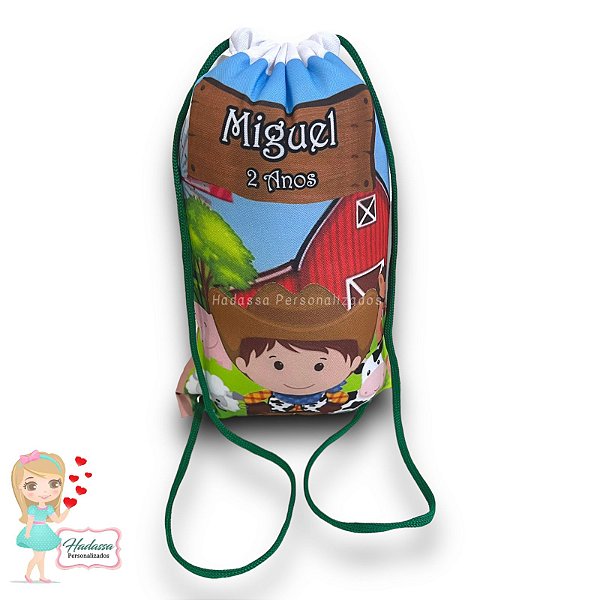 Mochilinha em tecido - Personalizadas  - tema Fazendinha -  15 Unidades