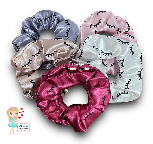 Scrunchies - Xuxinha em cetim Com estampa de Cílios -  40 unidades