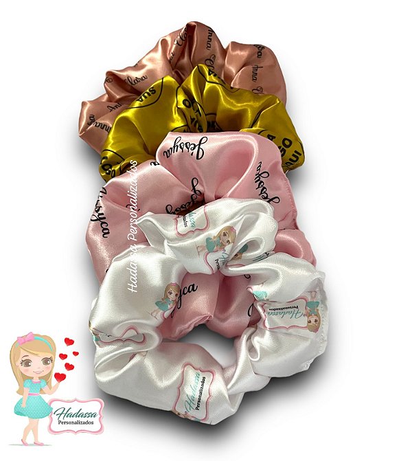 SCRUNCHIES EM CETIM - PERSONALIZADAS COM LOGOMARCA  - 20 UNIDADES