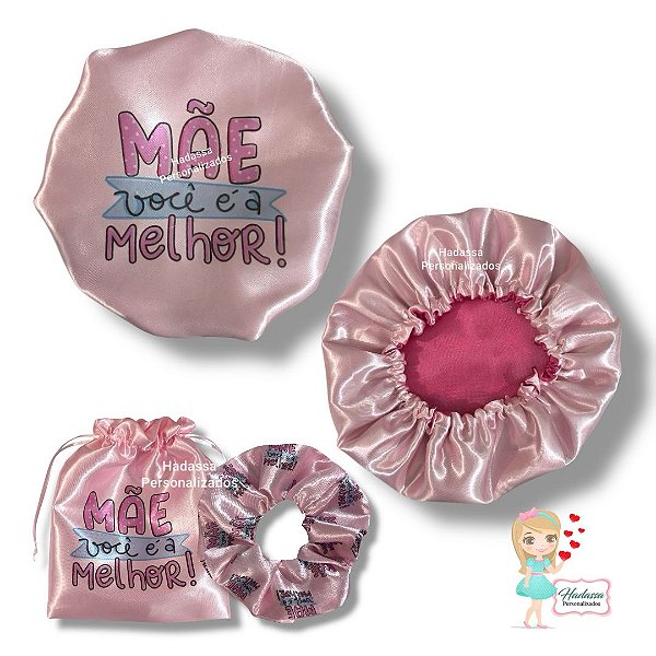 Kit de Touca em Cetim + xuxinha + saquinho - Mãe