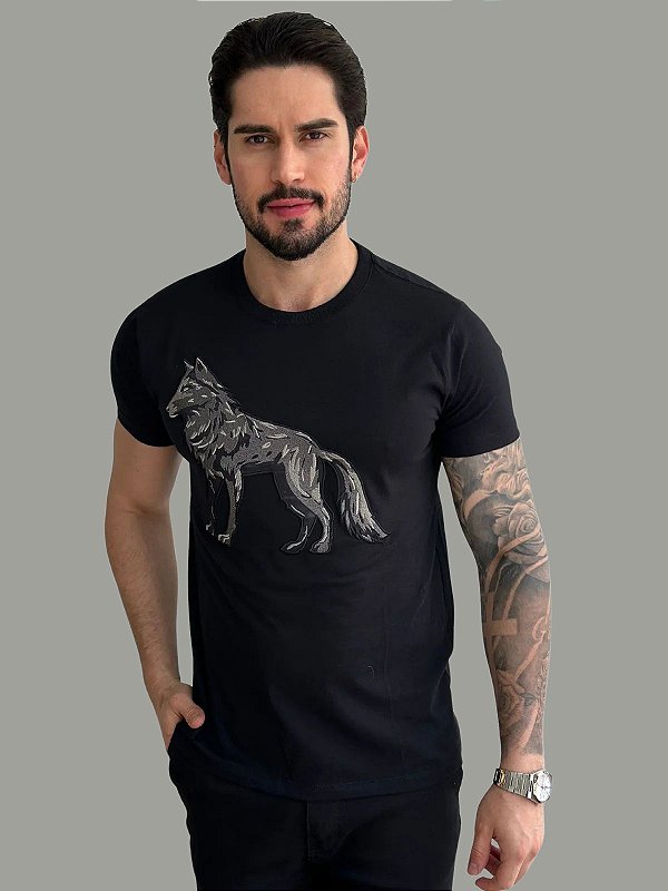Camiseta Acostamento Wolf Embroidery  Preto