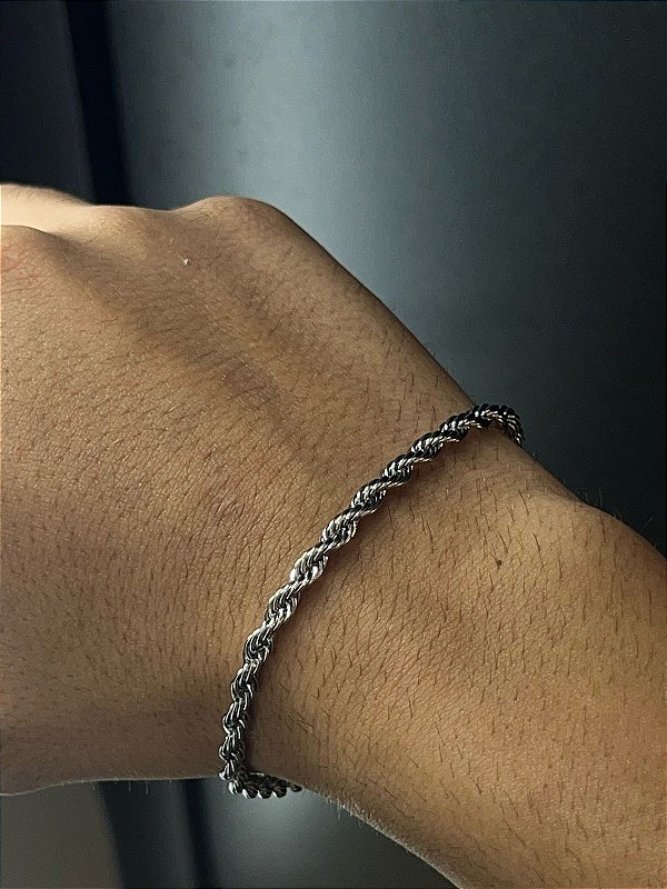 Pulseira Tracejada Grossa Aço Inox 22cm Prata