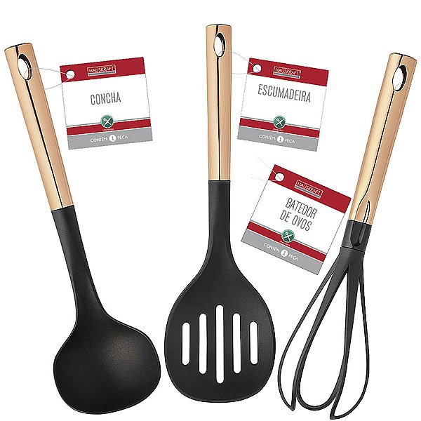 Kit Utensílio de Cozinha Escumadeira Concha Batedor De Ovos Teflon Preto Com Cabo Rose Gold