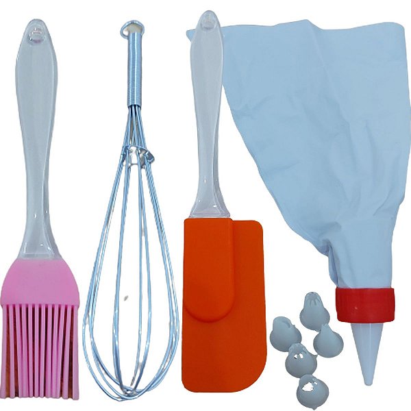 Kit 4 Utensílios De Confeitaria Cozinha Infantil Fue Espatula Pincel Bisnaga Com 6 Bicos