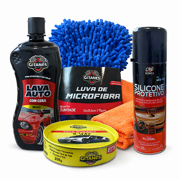 Kit Lava Auto Completo com Lava Auto Cera Silicone Perfumado e Microfibra