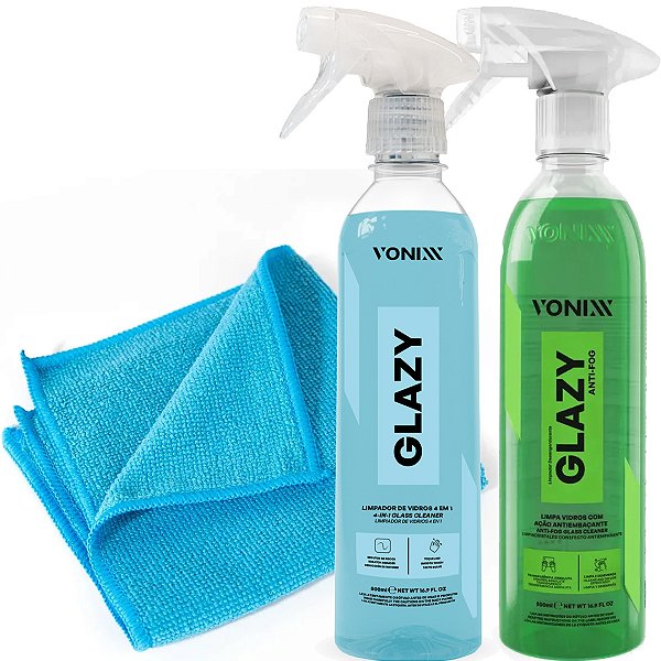 Kit Limpa Limpeza De Vidros Interno Externo Vonixx Glazy + Anti Fog Embaçante + Microfibra 30x30