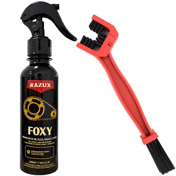 Kit Limpa Limpeza De Corrente Razux Foxy 240ml + Escova Limpadora Moto Bike Remove Piche Graxa