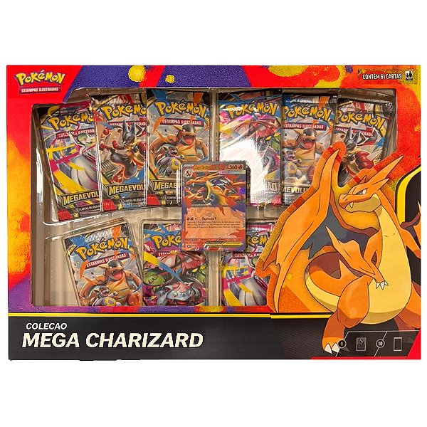 Jogo Box Coleção 61 Carta Pokemon 10 Pacotes Booster + 01 Mega Charizard Y Laminado Oficial