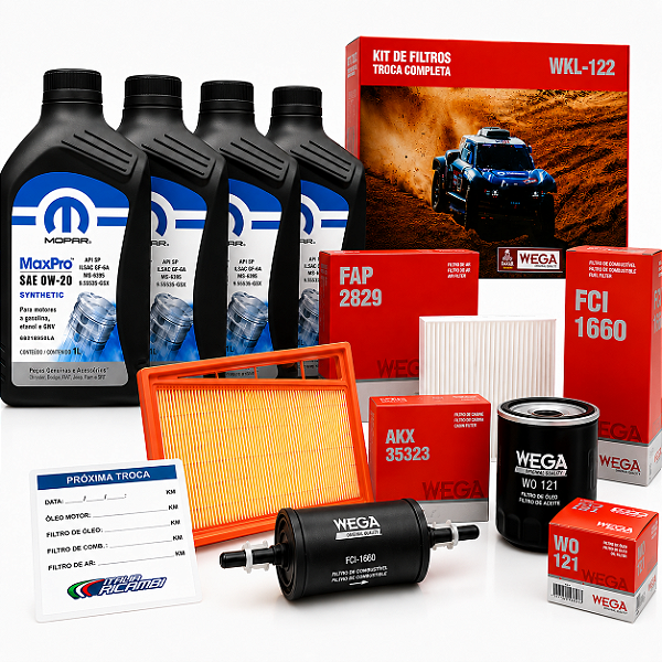 Kit Troca Completa Filtros + 4 Litros Óleo Mopar MaxPro Flex 0W20 Sintético Fiat Firefly 1.3 Argo Cronos Pulse Strada Uno
