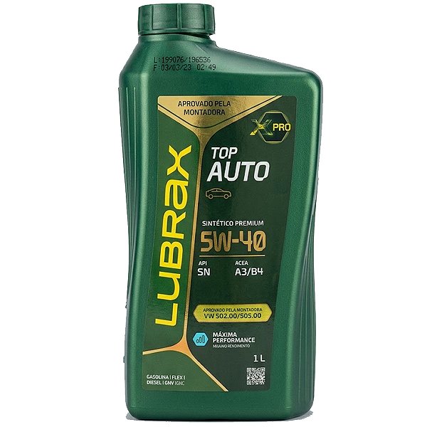 Óleo De Motor Lubrificante Lubrax Valora 5W40 100% Sintético Api SN VW 502 505 Acea A3/B4 Rn 0700