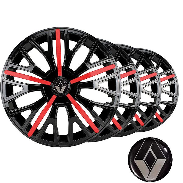 Jogo calotas esportivas Elitte Triton Sport Red Black aro 14 emblema Renault - Clio Logan Sandero - 4510