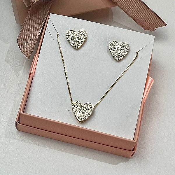 Conjunto Coração Cravejado - Dourado - Semijoia