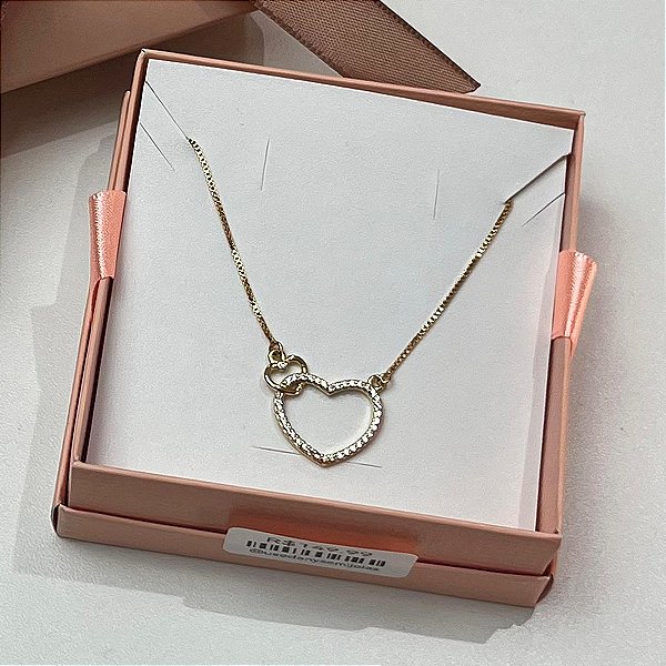 Colar Double Heart Corações Cravejado - Dourado - Semijoia