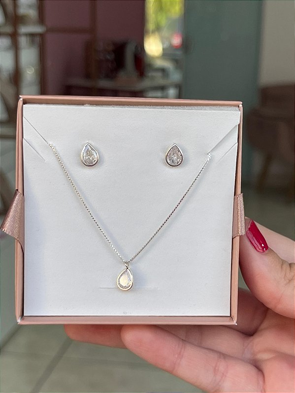 Conjunto Gota Ponto de Luz - Prata 925