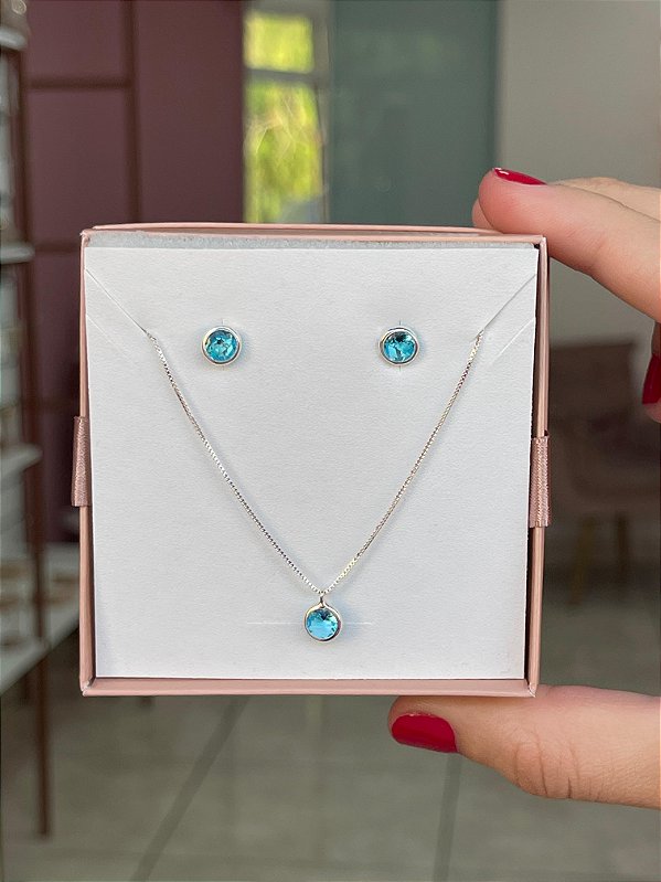 Conjunto Pedra Ponto de Luz Azul - Prata 925