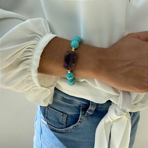 PL395 - Pulseira de Pedras Howlita Turquesa e Pedra Ametista.