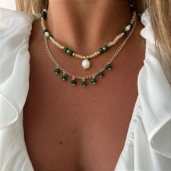 CL432 - Colar Duplo de Corrente Grumet com Rondel de Jade, Cristais e Pérolas de Água Doce