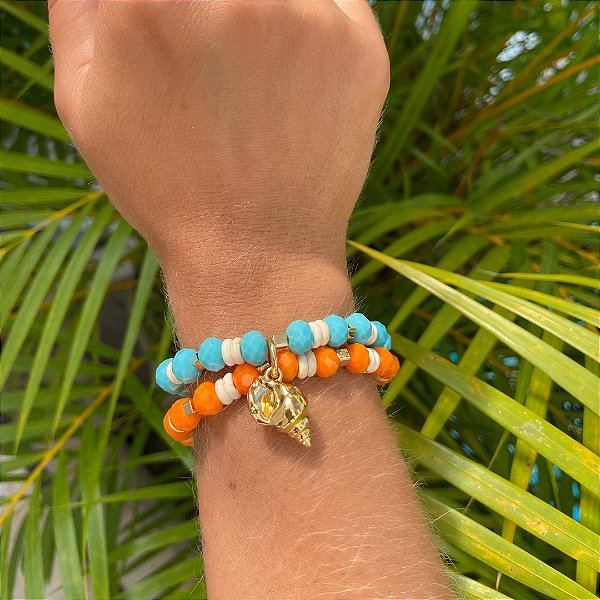 PL438 - Pulseira Dupla com Rondel de Howlita, Cristais e Pingente Concha