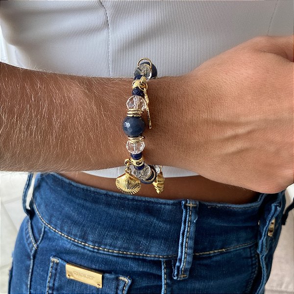 PL544 - Pulseira de Pedras Jade, Cristais e Pingente Fundo do Mar