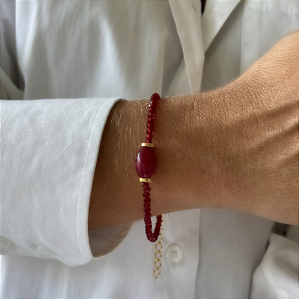PL598 - Pulseira de Mini Cristais Rubi com Pedra Jade