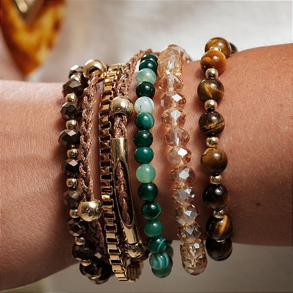 PL065 - Pulseira de Cristais, Pedras Olho de Tigre, Jade e Corrente Veneziana