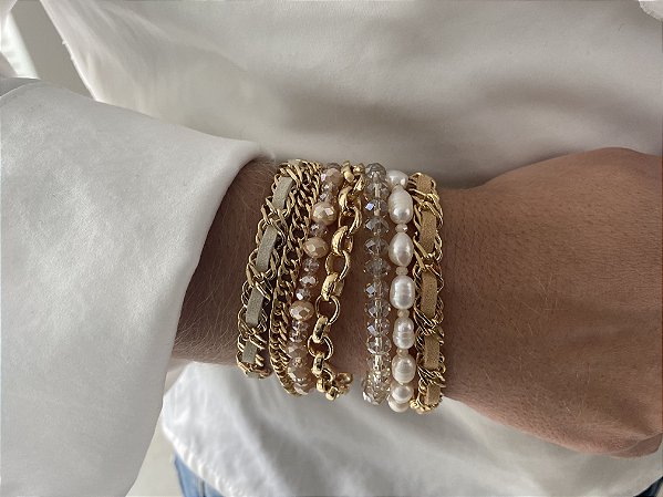 PL187 - Pulseira de Pérolas, Cristais e Correntes