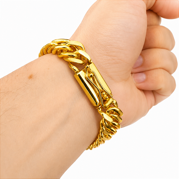 Pulseira 13mm Grummet Lacraia Elos Duplos Banhado A Ouro 18k